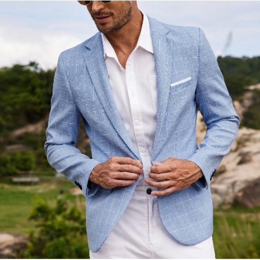 COOFANDY Mens Light Blue Windowpane Plaid Blazer Jacket XXL One Button Suit Coat
